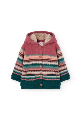 Πλεκτή Ριγέ Ζακέτα με Γούνινη Επένδυση και Κουκούλα