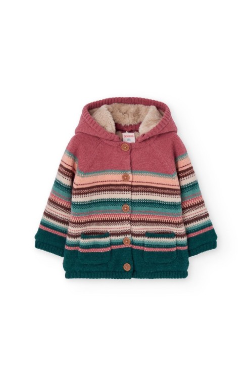 Πλεκτή Ριγέ Ζακέτα με Γούνινη Επένδυση και Κουκούλα