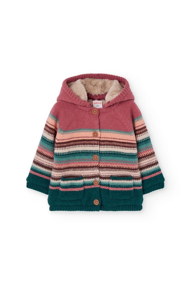 Πλεκτή Ριγέ Ζακέτα με Γούνινη Επένδυση και Κουκούλα