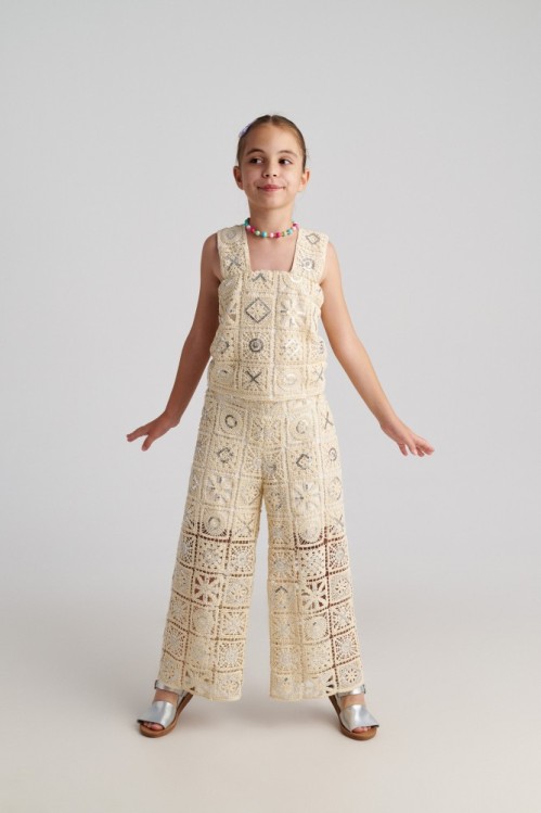 Two In A Castle Σετ Εκρού τοπ και παντελόνι κροσέ Σαντορίνη